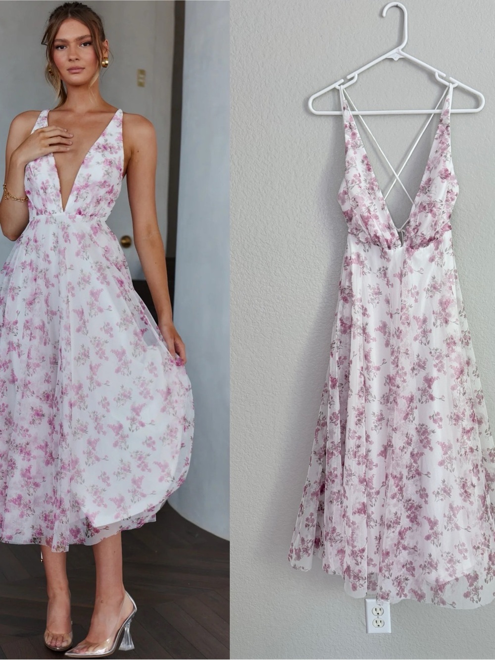 Floating By Plunging Neckline Midi Dress Floral Pink - Picture 1 of 4
